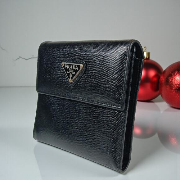 Authentic Prada Saffiano Leather Triangle Logo Trifold Black Wallet - Picture 4 of 16